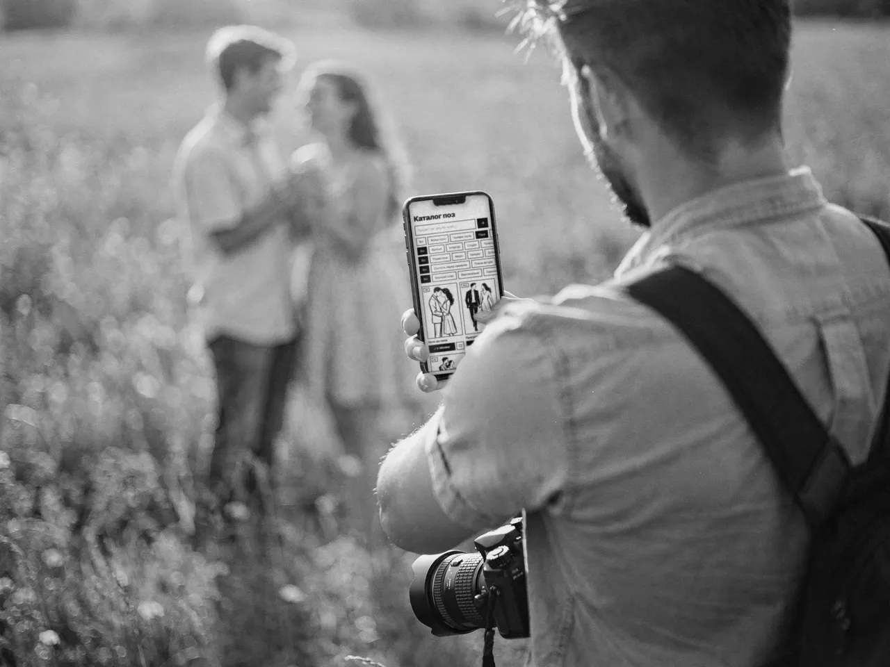 Фотограф на зйомці пари з каталогом поз на телефоні